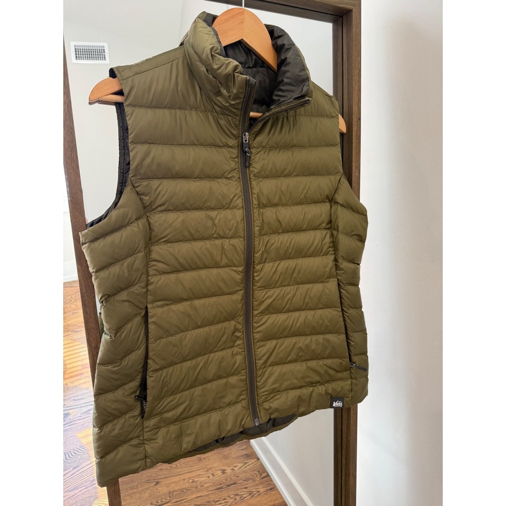 REI Co-op 650 Down Vest 2.0 Womens Olive Green Quilted Puffer Full Zip Jacket L